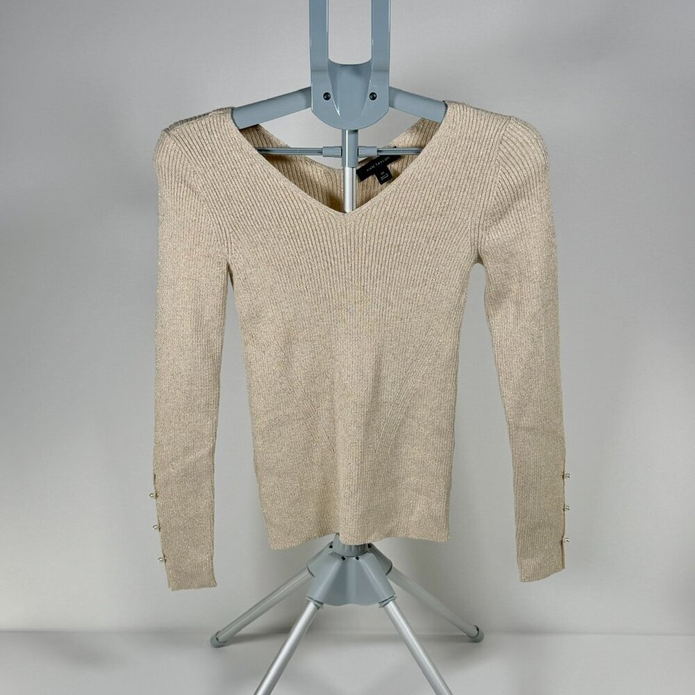 Ann Taylor Light Golden Metallic Sweater Top with Button Wrist Details